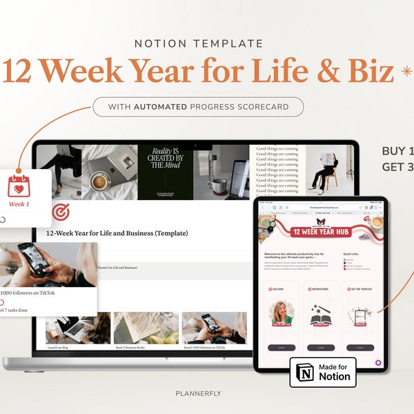 Goals Year 12 Week Year Notion Template for Business, Coaches and Creators, Buy 1 and get 3 Notion Templates, 90-day planner based on book.