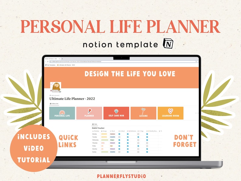 Notion Template Personal Life Planner is a All In One Notion Template with Habit Tracker, Mood Tracker, Travel Planner, Bookshelf, NotionApp 