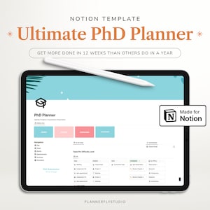 May include: A screenshot of a Notion template for a PhD planner. The template is designed to help users get more done in 12 weeks than others do in a year. The template includes sections for navigation, tasks, and deadlines. The template is made for Notion.