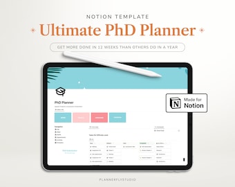 May include: A screenshot of a Notion template for a PhD planner. The template is designed to help users get more done in 12 weeks than others do in a year. The template includes sections for navigation, tasks, and deadlines. The template is made for Notion.