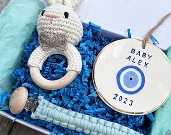 Personalized Newborn Gift Set, Baby Gift Set, Baby Shower Gift, Welcome Baby, Evil Eye Nursery Decor, New Mom Gift Box, Evil Eye Baby Gift