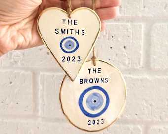 Personalized Evil Eye Family Ornament: Handmade Ceramic Christmas Decor