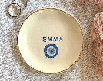 Personalized Evil Eye Ring Dish: Handmade Ceramic Jewelry Holder