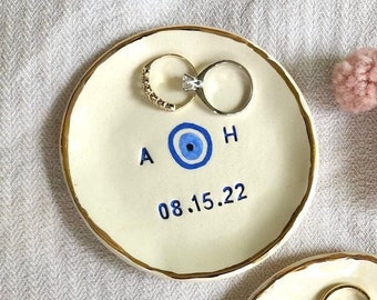 Personalized Couple Evil Eye Ring Dish, Initial Ring Dish, Wedding Ring Holder, Engagement Dish, Anniversary Gift for Wife, Wedding Favors