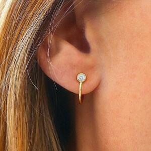 Zircon stud earrings with open hoops, women's stud earrings in silver or gold, women's gifts image 1