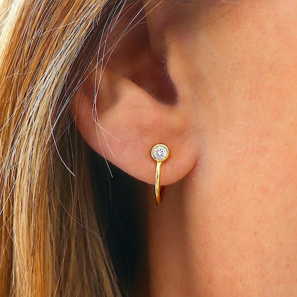 Zircon stud earrings with open hoops, women's stud earrings in silver or gold, women's gifts