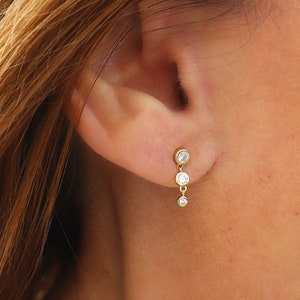 Three zircon chain stud earrings, minimalist women's earrings in silver or gold, women's gifts