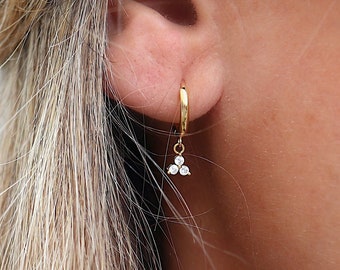 Small flower pendant hoop earrings with zircons, women's hoop earrings available in silver or gold