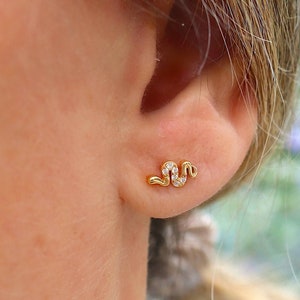 Small snake stud earrings with zircons, minimalist women's earrings available in silver or gold