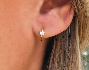 Small solitaire zircon hoop earrings, mini minimalist women's hoop earrings available in silver and gold, women's gifts
