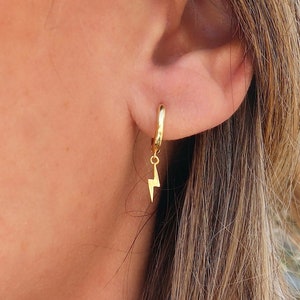 Small hoop earrings with lightning pendants, mini women's hoop earrings available in silver or gold, women's gifts