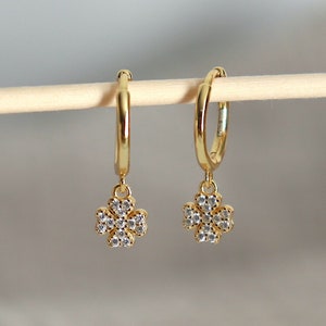 Small hoop earrings with clover pendants with zircons, women's mini hoop earrings available in silver or gold, women's gifts