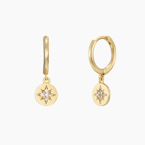 Boucles d'oreilles créoles pendentif étoile zircons, petits anneaux femme doré ou argent vendu à l'unité ou à la paire, cadeaux