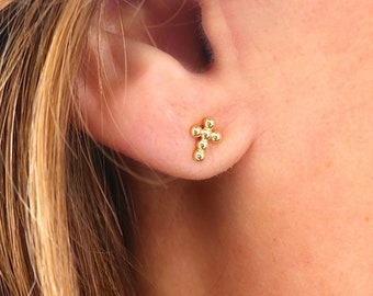 Cross ball stud earrings, small women's earrings in silver or gold, women's gifts