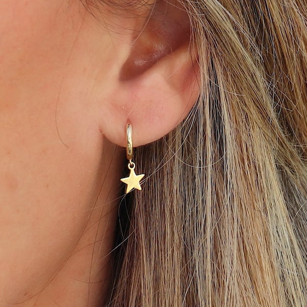 Petits cerceaux d'oreilles avec pendentif étoile, mini créoles star pour femme en argent 925 ou doré, boucles d'oreilles cadeaux femme