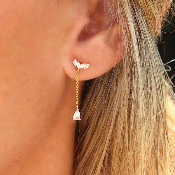 Petits clous d'oreilles chaine avec zircons pour femme, puces d'oreilles minimalistes disponibles en argent ou doré
