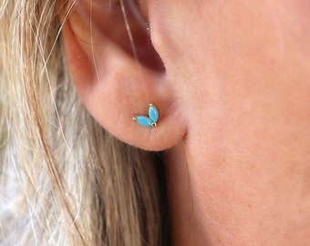 small flower stud earrings with two turquoise petals, mini silver or gold women's stud earrings, minimalist style