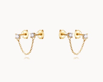 Boucles d'oreilles puces deux trous chaine et zircons, petits clous d'oreilles minimaliste femme en argent ou doré, cadeaux pour elle