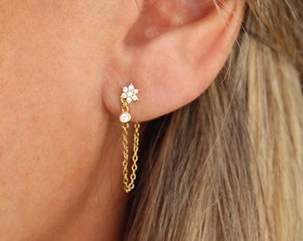 Boucles d'oreilles pendantes fleur zircons et chaine dorée pour femme,puces d'oreilles femme disponibles en argent ou doré, cadeau