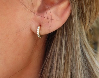 Small women's hoops paved with zircons, mini thick hoop earrings available in silver or gold, women's gifts