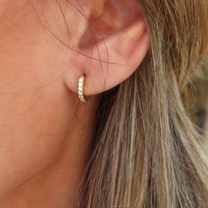 Small women's hoops paved with zircons, mini thick hoop earrings available in silver or gold, women's gifts image 1