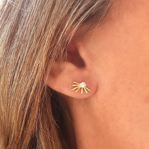 Half sun and zircon stud earrings, women's earrings in silver or gold, minimalist style, women's gifts