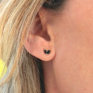 Small flower petal earrings with two black zircons, mini women's stud earrings, minimalist style, gifts for her image 3