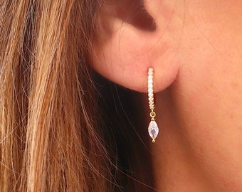 Créoles femme pendentif zircon, petites boucles d'oreilles argent ou doré style minimaliste, vendu à l'unité ou à la paire