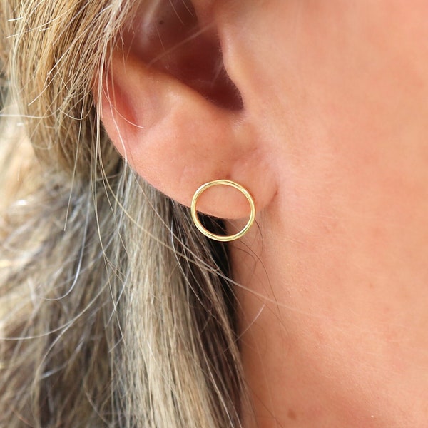 Small round ring stud earrings, minimalist women's ear studs in silver or gold, women's gifts