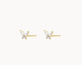 Small butterfly shaped stud earrings with zircons for women, minimalist mini gold or silver stud earrings, gifts for her
