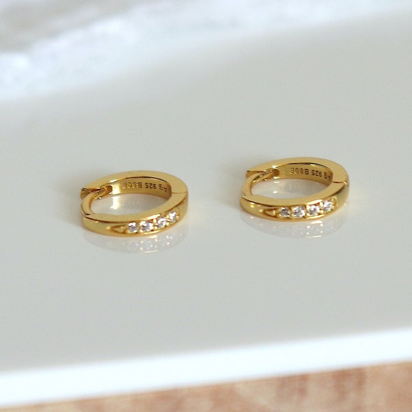 earrings with zircons, small women's hoop earrings in silver or gold, minimalist style hoops