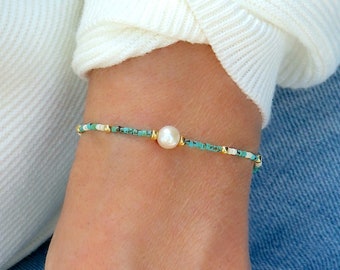 Thin elastic freshwater pearl bracelet and marbled turquoise Miyuki beads, minimalist women's bracelet, women's gifts