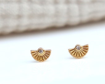 Small fan-shaped earrings with zircon, mini women's ear studs in silver or gold, minimalist style, women's gifts