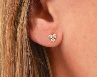 Small three zircon stud earrings, mini women's studs in silver or gold, minimalist style