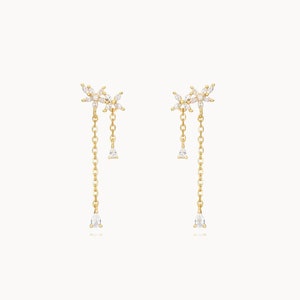 Women&#39;s flower chain zircon earrings, minimalist gold or silver earrings, gifts for her