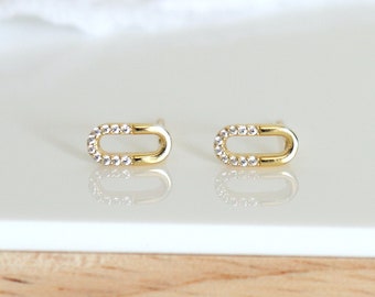 Oval shaped stud earrings with zircons, small women's studs in silver or gold, minimalist earrings