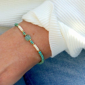 Elastic bracelet miyuki marbled turquoise beads and aventurine stone, minimalist style women's bracelet, women's gifts image 1