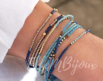 Pulsera fina con cuentas Miyuki azules, tres vueltas en elástico, tres modelos a elegir, estilo minimalista, regalos