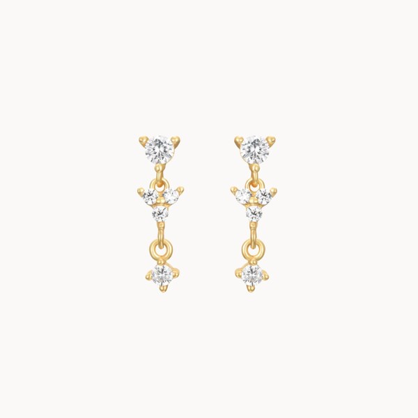 Small three zircon earrings for women, mini gold or silver ear studs, minimalist style, gifts