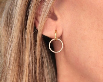 Small round zircon pendant hoops two sizes available, minimalist women's mini golden hoops, gifts for her