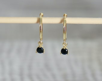 small ear hoops with black zircons, women's mini hoops available in silver or gold, minimalist earrings