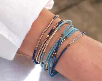 Bracelet fin perles bleues miyuki trois tours sur élastique trois modèles à choisir,style minimaliste, cadeaux