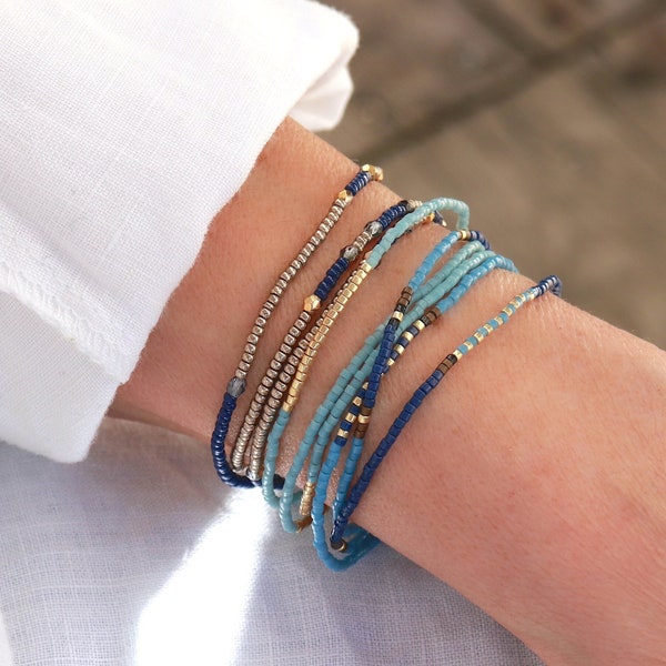 Bracelet fin perles bleues miyuki trois tours sur élastique trois modèles à choisir,style minimaliste, cadeaux