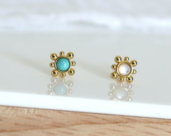 petites boucles d'oreilles puces turquoise ou nacre soleil boules,mini clous d'oreilles femme dorés style minimaliste, cadeaux