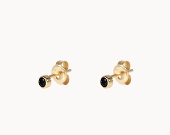 Mini puces d'oreilles zircon noir, petits clous d'oreilles femme en argent 925 ou en doré style minimaliste, cadeaux femme