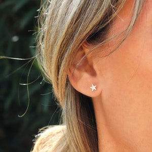 Small star earrings with zircons, mini silver or gold women's ear studs, minimalist style image 2