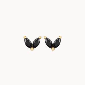 Small flower petal earrings with two black zircons, mini women's stud earrings, minimalist style, gifts for her Gold