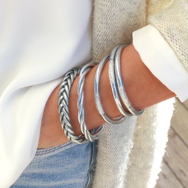Silver-colored braided bangle bracelet, boho bracelet for women, gift ideas image 4