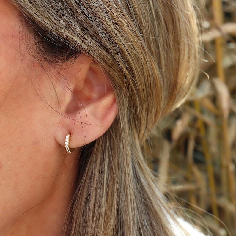 Small women's hoops paved with zircons, mini thick hoop earrings available in silver or gold, women's gifts image 1