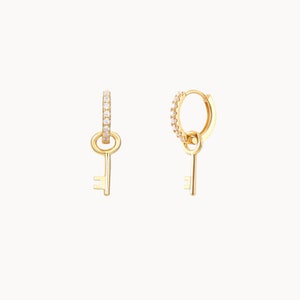 Zircon hoop earrings with a key pendant, mini women's rings available in silver or gold, gifts Gold